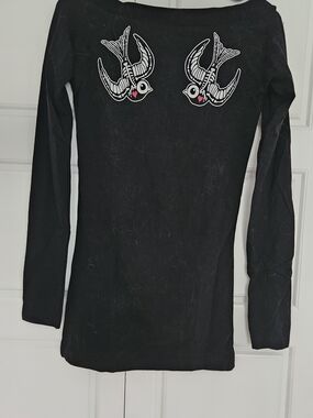 Black Long Sleeve Top with Red Heart And Swallows